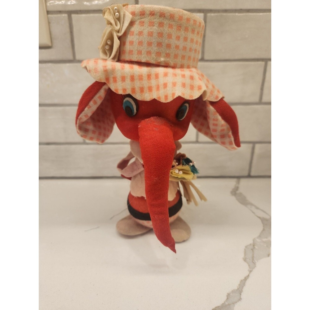 Vintage Styrofoam Felt Red Elephant Poseable Ears Pink Hat‎ Holding Flowers